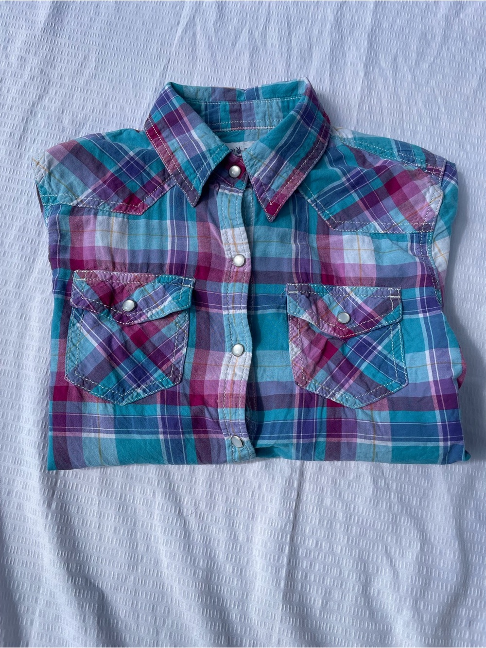 Mudd Girls Plaid Button-Up Shirt 100% cotton in teal, purple, and white